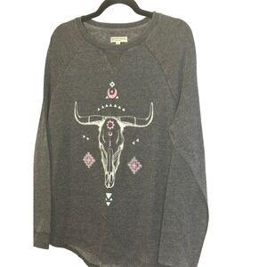 Grayson Threads Grey Bull Skull Graphic‎ Long Sleeve Sweatshirt Junior's Large